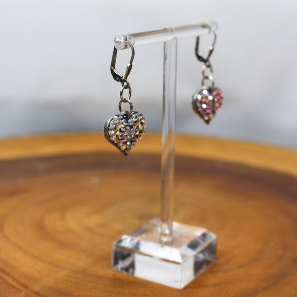 Earrings MARKED 925 STERLING SILVER Pierced Dangle Leverback Heart Rhinestone - Picture 10 of 12